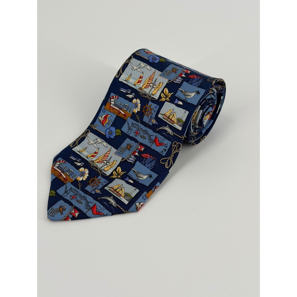 Salvatore Ferragamo Mens Silk Tie Navy Blue Nautical Sailboat Anchor Italy 2803 - Picture 1 of 6